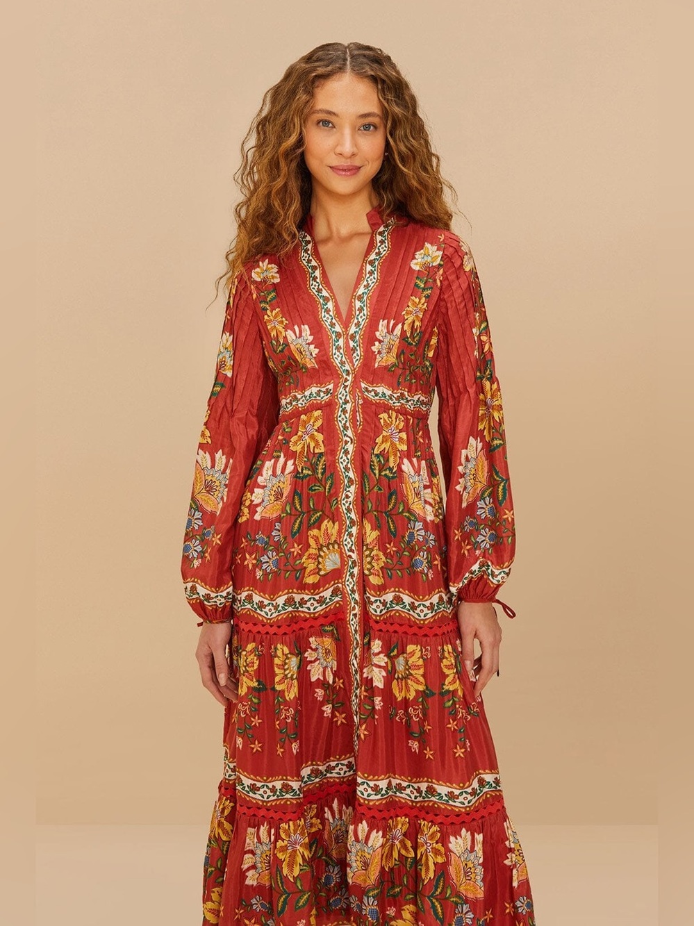 Red Garden Delight Long Sleeve Midi Dress FARM Rio
